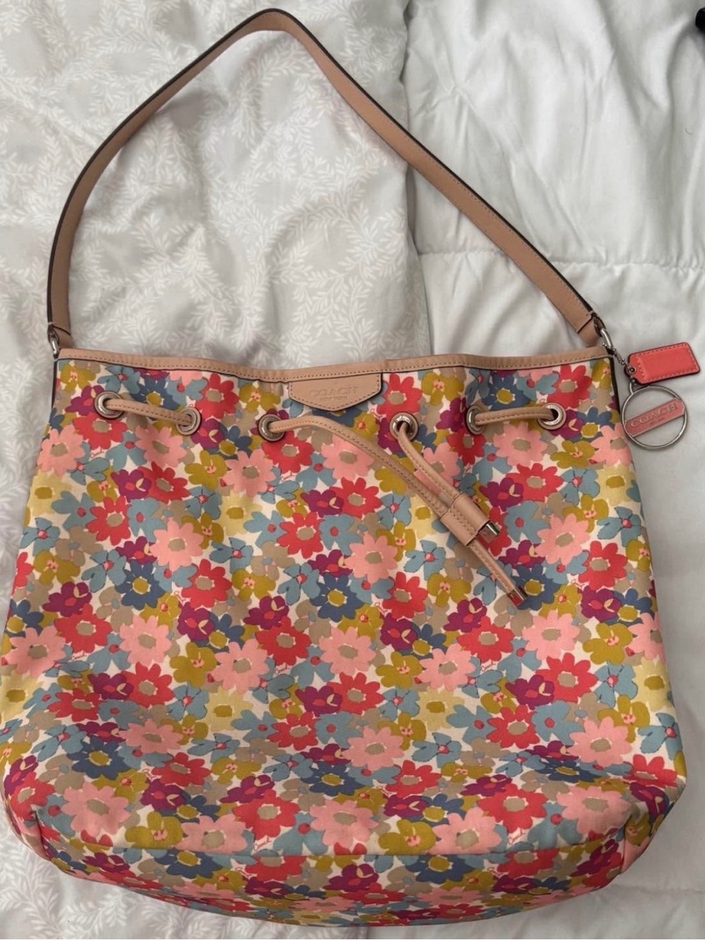 Coach Multicolor Floral Drawstring Shoulder Bag with Pink Trim